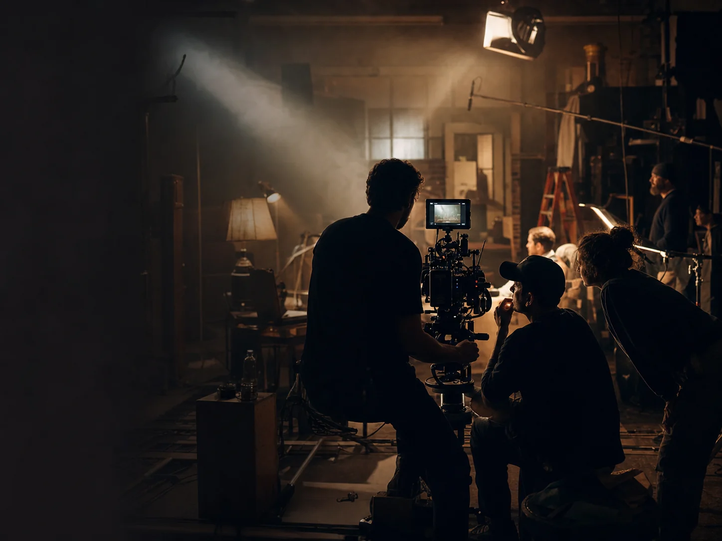 An independent filmmaking crew working together on set