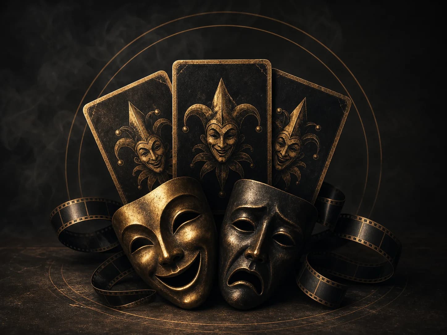 Three joker cards with comedy and tragedy masks and film